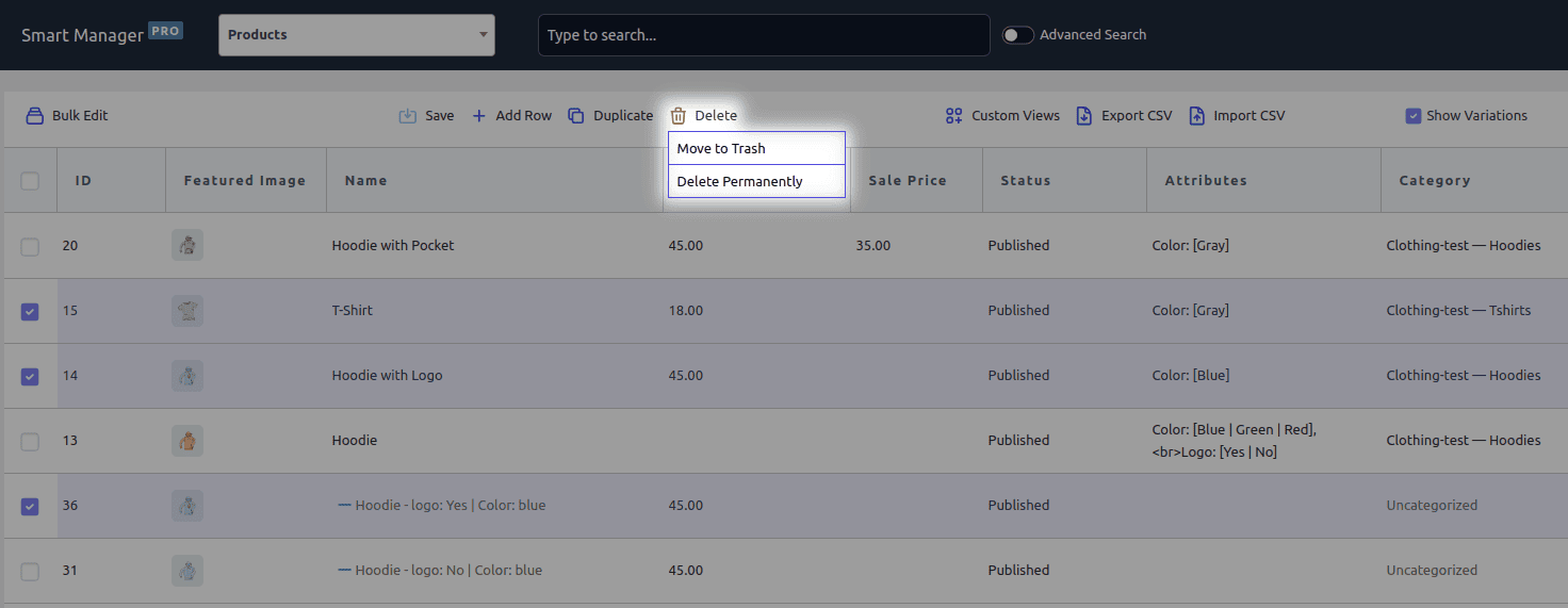Delete/Trash Records using Smart Manager